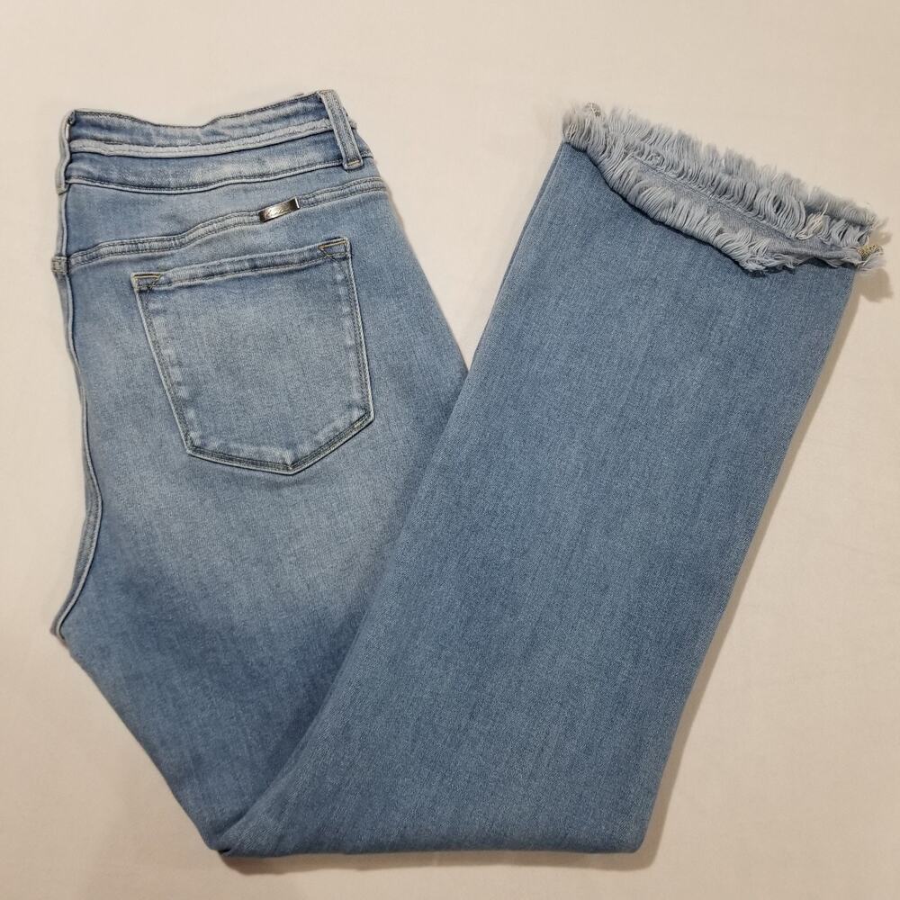 KanCan Bootcut Jeans 32 High Rise Curvy Double Button Light Sandblast Fringe Hem - Picture 3 of 9